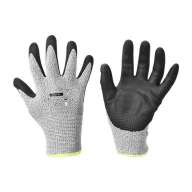 Pari Bluewear Cutting Safety Gloves, joissa on harmaat selkäpuolet ja mustat, teksturoidut kämmenet ja sormet. Toinen hanska näyttää puolen, jossa on tulostettu tieto, kun taas toinen näyttää otteen pinnan. Molemmissa hanskoissa on keltainen reunus ranteessa.