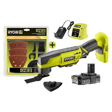 Ryobi One+ R18MT3-120GJ trådløst oscillerende multiverktøysett vist med inkluderte slipeputer, skjæreblader, batteri, lader og strømadapter, med alle delene pent arrangert sammen.