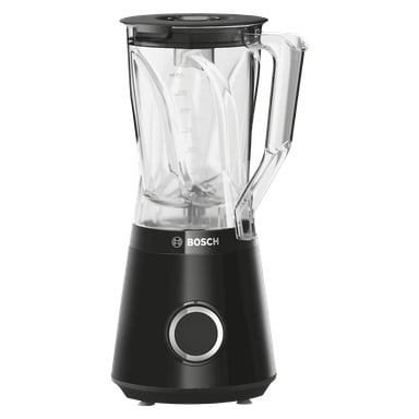 Musta Bosch Home Blender MMB6141B, jossa on kirkas, porrastettu kannu ja musta kansi. Pohjan etuosassa on näkyvä hopeinen ohjaustaulu, ja Boschin logo näkyy kannun alla.