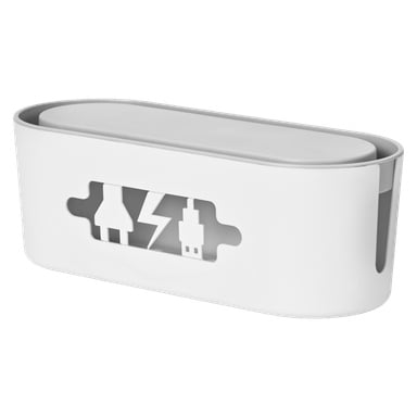 Anslut-kabelhållaren är en slank vit plastlåda designad för kabelorganisering, med avtagbart lock och sidoöppningar som visar symboler för en plugg, blixt och USB.