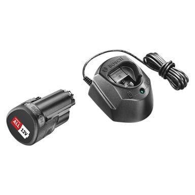 Bosch 1600A01L3D uppladdningsbara batteri och dess kompatibla laddare med strömkabel visas sida vid sida, båda svarta och tydligt med Bosch-märkning och etiketter.