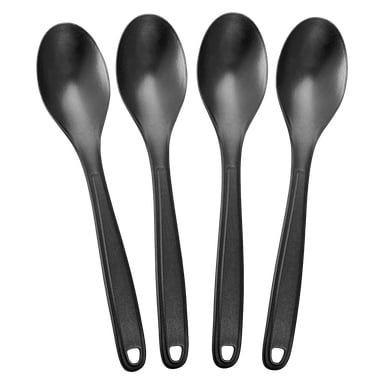 Fyra svarta Nordiska Plast-plastskedar (4-pack) är placerade vertikalt i en rad, med handtag pekande nedåt och skålar uppåt.