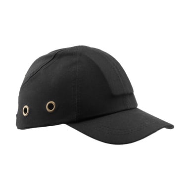 En svart Bluewear skyddskeps med två metallöglor på vänster sida. Kepsen har en böjd brätte och tydlig söm på topppanelerna.