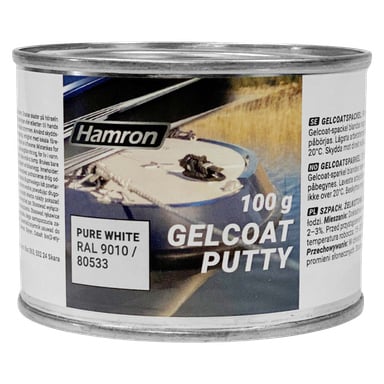 Puszka Hamron Gelcoat w czystej bieli (RAL 9010), z opisem produktu na etykiecie oraz ilustracją łodzi poddawanej naprawie.