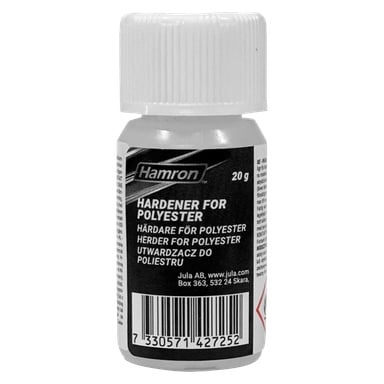 Butelka 20g Hamron Hardener for Polyester z białą kapsłem ma na etykiecie informacje o produkcie i kod kreskowy na dole.