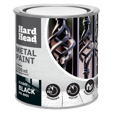 En 250 ml burk Hard Head Metal-färg, blankt svart RAL 9005, med en bild av metallstaket och ikoner som visar omlackerbar på 10 timmar, dammtorkning på 2 timmar, lämplig för inomhus- och utomhusbruk.