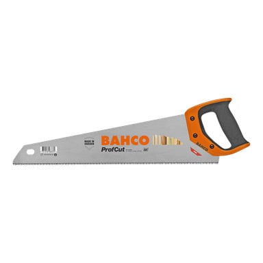 Bahco Handsaw ProfCut PC-22-GT9 z pomarańczowo-czarną rękojeścią, ostrymi zębami oraz wieloma logotypami i informacjami o produktach wydrukowanymi na metalicznym ostrzu.