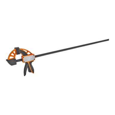 Bahco Quick clamp QCB-900 pokazany w czerni i pomarańczy z rękojeścią w stylu pistoletu, systemem spustowym oraz wydłużoną metalową szyną przeznaczoną do zaciskania lub rozprowadzania materiałów podczas obróbki drewna lub montażu.