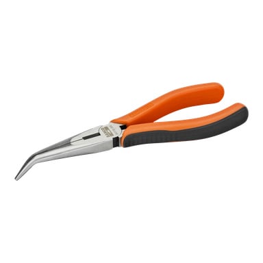Bahco Bent Tip Snipe Nose Slinge Zange 2477G-200 mit orangen und schwarzen Griffen und schrägen Kiefern.