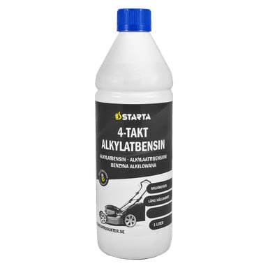En hvit 1-liters flaske med blå kork merket Starta Alkylate bensin 4-takts. Etiketten har tekst sammen med en svart-hvitt illustrasjon av en gressklipper.