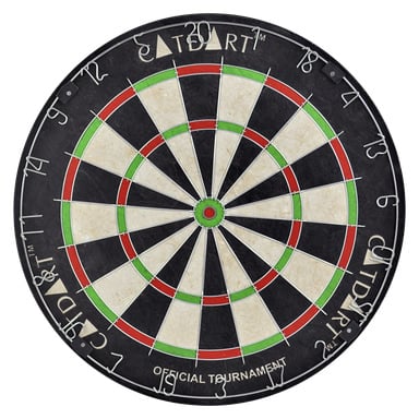 Das Dartboard Catdart Bristle von Catdart hat schwarze, weiße, rote und grüne Segmente, die am Rand von 1 bis 20 nummeriert sind. Die schwarze Oberfläche zeigt die Worte OUTDART und OFFICIAL TOURNAMENT.