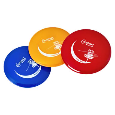 Sunsport Disc golf-sett inkluderer tre skiver i blått, gult og rødt med en grafikk av en discgolfkurv og en flyvende skive, vist overlappende.