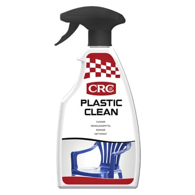 En sprayflaska märkt CRC Rubber and Plastic Cleaning Agent, med CRC-märket och en blå plaststolsgrafik på framsidan. Etiketten innehåller ordet "Cleaner" flera gånger och toppas med ett rött och vitt rutigt mönster.