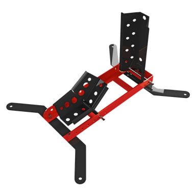 Hamron Front Wheel Support för motorcyklar är byggd med en stark röd ram och svarta justerbara hjulklossar för att hålla din hoj upprätt. Den har fyra utåtriktade svarta fötter för extra stabilitet, och stativet har flera hål så att du kan justera det efter dina behov.