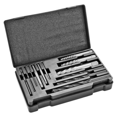 Ett 12-delat Meec Tools skruvutdragningsset visades i ett öppet plastfodral, med borrkronor och utdragare prydligt placerade i skumspår.