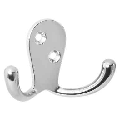 Hard Head Clothes Hook Double to polerowany srebrny metalowy haczyk ścienny z dwoma zakrzywionymi bolcami i dwoma otworami montażowymi na śruby.
