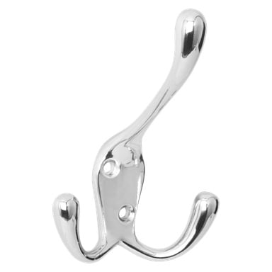 Hard Head Clothes Hook Triple to srebrny, montowany na ścianie wieszak na płaszcze z trzema bolcami i dwoma otworami na śruby do mocowania. Jego wypolerowana, odbijająca światło łapie światło na obrazie.