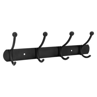 "Hook rack 4 hooks" firmy Hard Head to metalowy wieszak ścienny z czterema dwuzębnymi haczykami. Zawiera dwa otwory do przymocowania do ściany.