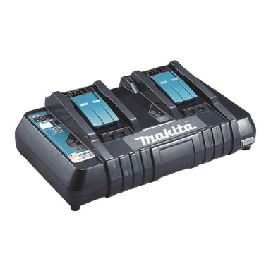Makita DC18RD batteriladdare har två laddningsfack, LED-indikatorer och en design i svart och teal med Makita-loggan tydligt synlig på toppen.