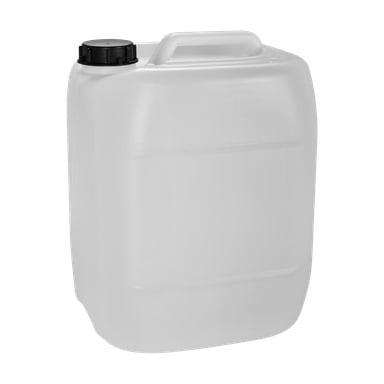 En genomskinlig plastburk Kayoba med ett svart skruvlock och ett inbyggt handtag på toppen, lämplig för att bära och förvara vätskor.
