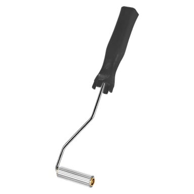 En Kayoba aluminiumrulle med en liten, cylindrisk metallrullsektion utan lock eller skumdyna, fäst vid en silverfärgad metallram och ett svart ergonomiskt handtag.