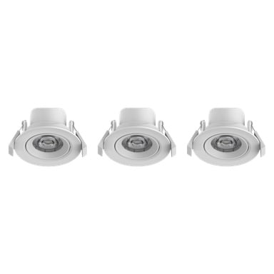 Tre Anslut Downlights LED med vita lister är arrangerade i en rad framifrån, säljs som 3-pack.