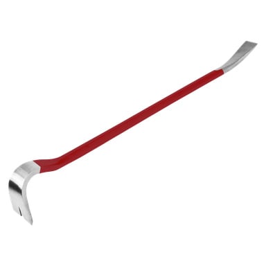 En röd och silverfärgad Meec Tools Prybar med vinklade ändar, idealisk för att bända isär material eller dra ut spik vid bygg- eller rivningsarbeten.