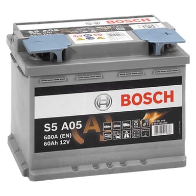 Bosch AGM-bilbatteriet är grått, med etiketter som visar Bosch-märket, detaljerade specifikationer inklusive 680A (EN), 60Ah och 12V, samt ikoner som visar kompatibilitet med olika fordonstyper.