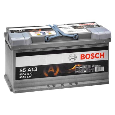 Ett Bosch AGM-bilbatteri med grått hölje, topppolar och olika etiketter som visar specifikationer som 850A, 95Ah och 12V. Framsidan pryds tydligt av Bosch-logotypen.