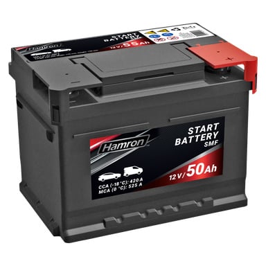 Ett rektangulärt Hamron-bilbatteri med svart hölje, röda och grå terminaler samt en etikett med "START BATTERY", "12V/50Ah" och flera bilikoner.