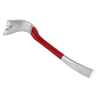 En Meec Tools-bräck med rött handtag och silverfärgade metalländar, med en böjd klo i ena änden och en platt kil i den andra, avsedd för bändning och spikborttagning.