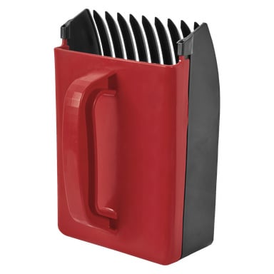 En Kayoba Berry Picker i rött och svart, designad med ett handtag och en rektangulär kropp med breda svarta plasttänder liknande en överdimensionerad kam.