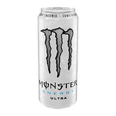 En høy, sølvfarget Monster Energy-boks med en svart klo-lignende logo viser ordene Zero Calorie, Zero Sugar og Energy i blå og svart tekst.