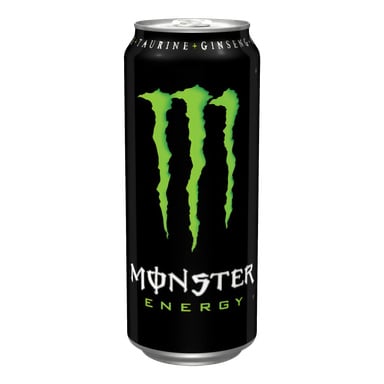 En høy svart boks med Monster Energy med et livlig grønt klomerke og kraftige hvite og grønne "Monster Energy"-bokstaver på forsiden.