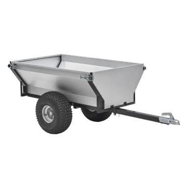 Der Hamron ATV-Anhänger hat einen robusten schwarzen Rahmen mit schrägen Metallseiten und großen schwarzen Reifen. Er verfügt über eine Anhängerkupplung, die es einfach macht, ihn an ein Fahrzeug oder einen Rasentraktor anzuschließen.