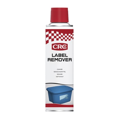 En hög aerosolburk med röd lock och rött rutmönster är märkt CRC Label Remover och visar en bild av en blå behållare med en etikett. Texten beskriver den som en rengöring, med ytterligare översatt information.