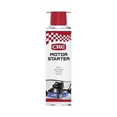 En burk CRC Starter Gas Motor Starter med en röd lock och ett rutigt mönster upptill. Etiketten lyder "Starter Gas Motor Starter" med stora svarta bokstäver och inkluderar en bild av en blå gräsklippare nära botten.