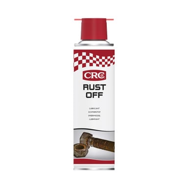 En burk CRC RustOff rostborttagare med ett rött spraymunstycke, ett rött och vitt rutigt mönster längs toppen, och en bild på en rostig bult och mutter längst ner, tillsammans med produktinformation tryckt på etiketten.