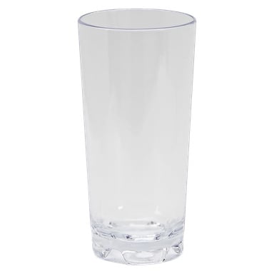 Ett klart, tomt plastshotglas från Nordiska Plast, kallat Chrystal, står upprätt. Den cylindriska designen har en tjock bas och släta sidor.