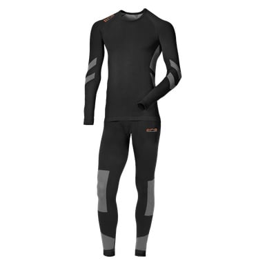 Bluewear Pro Workwear Base Layer 2-delat set inkluderar en svart termotopp med långärmat och matchande leggings, båda med grå texturerade paneler på armar och ben samt orange logotyper vid axel och höft.