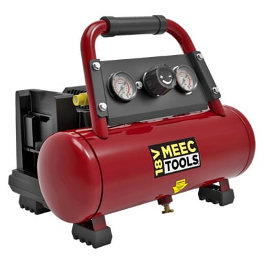 En röd Meec Tools Multiseries batteridriven kompressor CB-18V HOME 500 med svart handtag, dubbla tryckmätare, en kontrollratt och stadiga svarta basstöd. Denna kompakta enhet är avsedd för mångsidiga verktygsapplikationer.