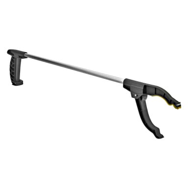 Hard Head Rubbish Picker är ett långt metallverktyg med svart handtag och avtryckare i ena änden, och ett kloformat grepp i motsatt ände.
