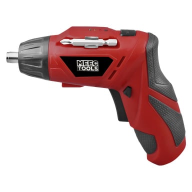 Czerwono-Mini screwdriver z obrotową rękojeścią od Meec Tools, z szarym frezem, teksturowanym uchwytem, kontrolkami na górze oraz logo Meec Tools po boku.