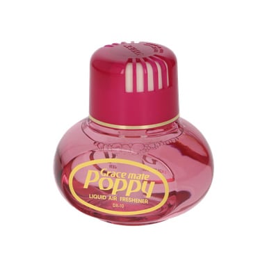 En röd plastflaska Gracemate Air-refreshener Poppy Strawberry med rund botten och matchande röd kork.