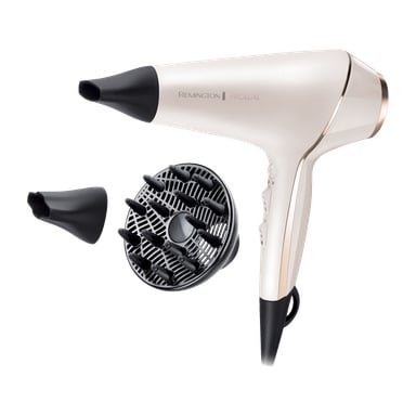 En vit Remington PROLUXE AC9140 hårtork med två svarta tillbehör, inklusive ett koncentratormunstycke och en diffusor.