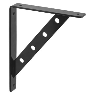 Hard Head Reinforced bracket er en solid svart metallhyllestøtte med en rettvinklet form og fire runde monteringshull, ment for å feste hyller til vegger.