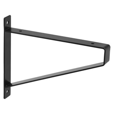 En solid svart metallbrakett med trekantet form, designet med tre skruehull for sikker veggmontering. Ideell for å holde oppe hyller.