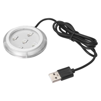 En rund, klar LED-plate for Poppy RED fra Hamron viser flere synlige LED-er inni og er koblet til en svart USB-kabel, med USB-kontakten tydelig synlig foran.