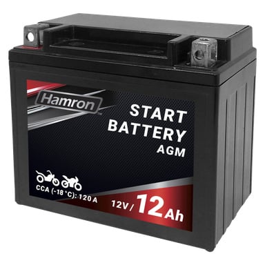 Ett svart Hamron MC-batteri med en röd, svart och silverfärgad etikett visar specifikationerna 12V, 12Ah och 120A. Ikoner antyder lämplighet för motorcyklar och scootrar. Den övre delen visar terminalerna.