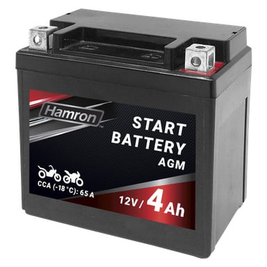 Ett svart Hamron MC-motorcykelbatteri med exponerade poler och en frontetikett som visar 12V, 4Ah och en CCA på 65A vid -18°C.